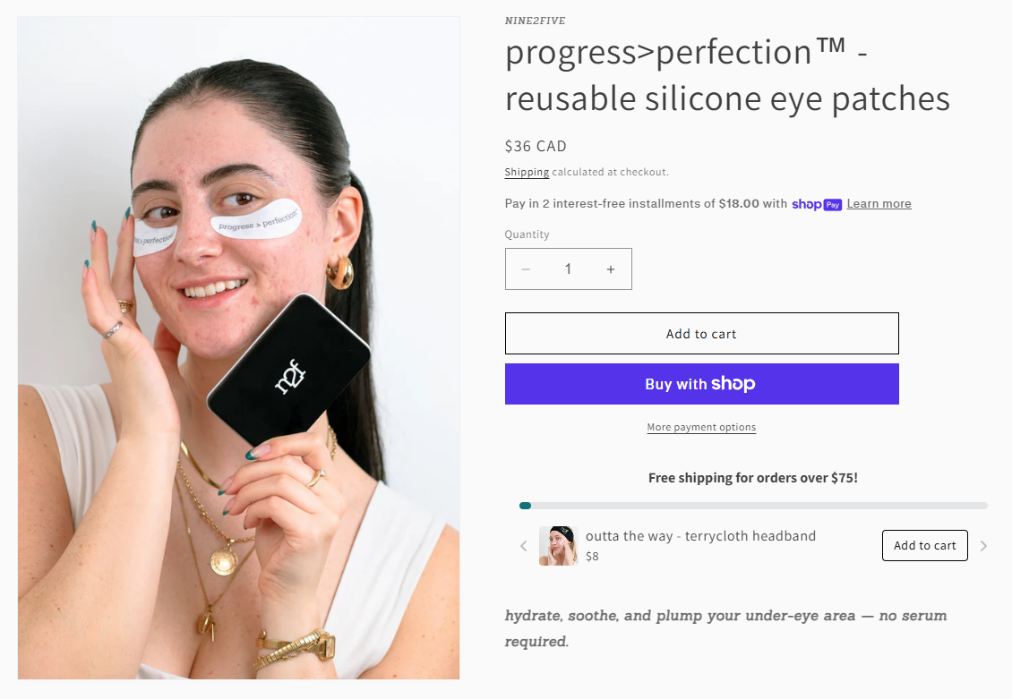 A NINE2FIVE Shopify product page for reusable silicone eye patches